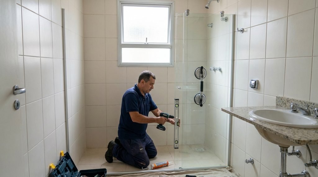 Vidraceiro medindo vão de box de banheiro com trena em apartamento em Campinas