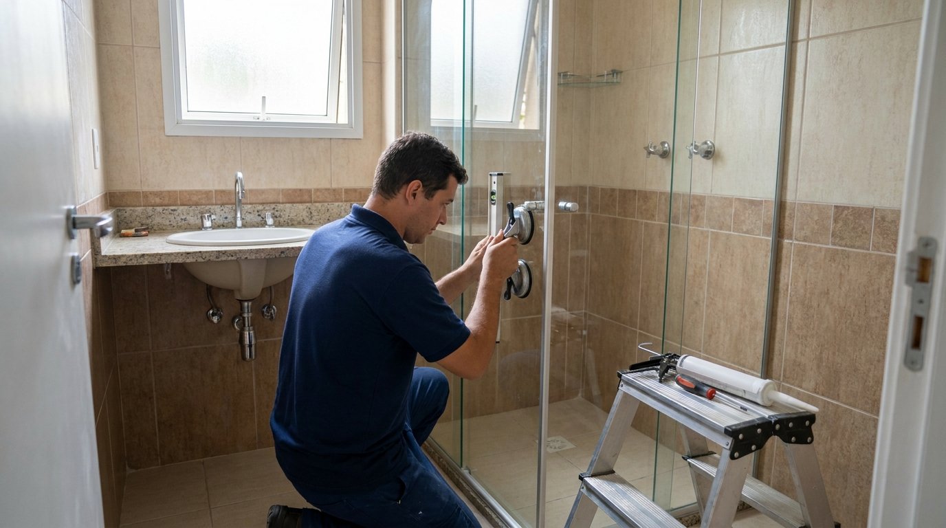 Vidraceiro medindo vão de box de banheiro com trena em apartamento em Campinas